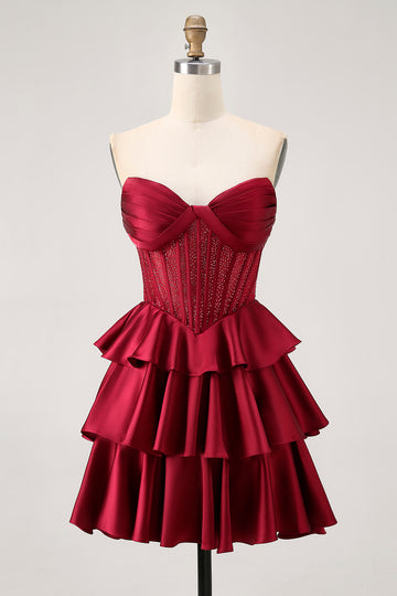 Burgundy Beaded Corset A Line Strapless Tiered Homecoming Dress
